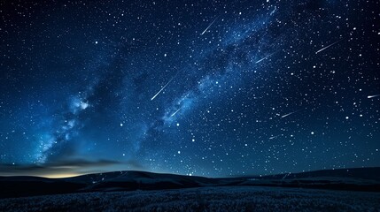 Wall Mural - Starry night sky with glowing meteor shower, long exposure photography style, cinematic wide view.