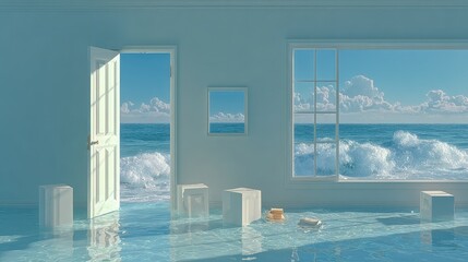 Wall Mural - Room flooded with ocean water, open door