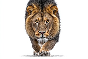 powerful lion, head-on, walking towards viewer