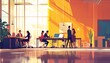 © Studicon - The illustration shows a group of coworkers collaborating on projects in a contemporary office space with large windows and warm, orange walls.