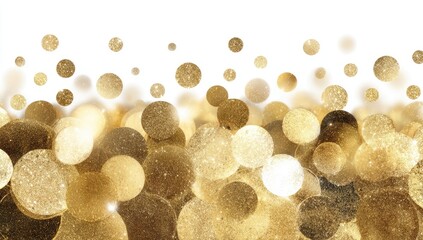 Gold glitter circles, bokeh effect, on white background