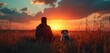 © Vadym - Man and dog sit in field watching vibrant sunset. Golden hour light illuminates the sky with clouds. Silhouettes against horizon suggest peaceful companionship and outdoor leisure.