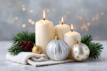 Wall Mural - burning candles illuminating christmas ornaments and pine branches