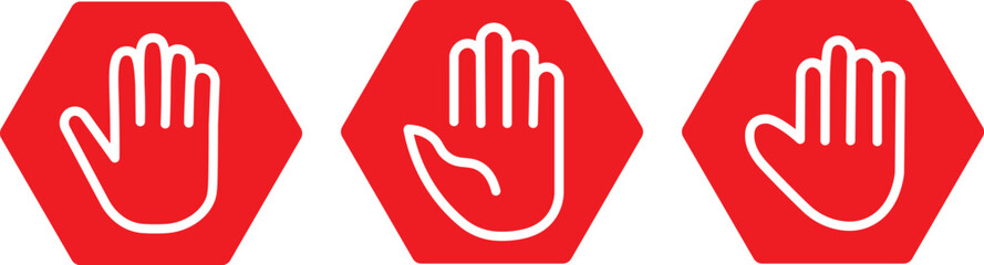 Wall Mural - hand stop icon set. Red and black stop sign with hand icon set, stop hand icon. vector png illustration.
