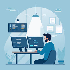 Male programmer working on multiple computer screens.