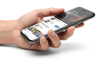 Hand holding modern smartphone displaying social media feed for connecting with friends online