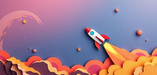 Wall Mural - Paper cut rocket soaring through cosmos, vibrant colors, flat style,  background,  modern