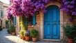 Vibrant blue door stands out against stone wall, adorned with abundant purple flowers cascading overhead. Situated on charming, sunlit cobblestone street, picturesque scene evokes sense of peaceful,