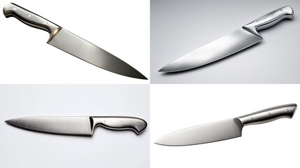 Four stainless steel chef knives displayed in a collage against white backgrounds