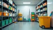 © Vadym - Organized cleaning supplies fill shelves in tidy storage room. Buckets, brooms, cleaning equipment neatly arranged on shelves, carts. Clean, well-lit space emphasizes efficiency, hygiene for