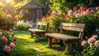 © Ikhsan - A sun-drenched garden path lined with vibrant roses and a weathered wooden bench, creating a serene and peaceful scene.