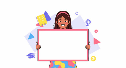 A smiling young girl holds a blank whiteboard with educational icons in the background.