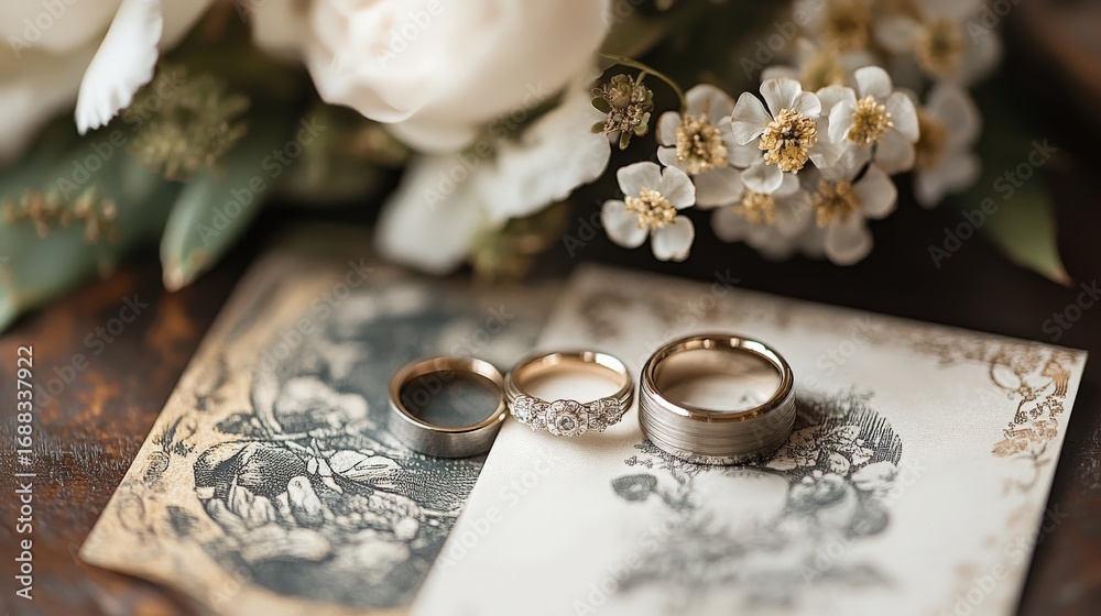 Wedding Rings Card Design Wedding rings resting on an antique-style card with floral and ...