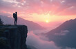 © Vadym - Solo hiker stands on cliff edge at sunset with misty mountains, clouds below. Pink sky with golden sun over scenic landscape, evoking freedom, peaceful solitude. Backpacker enjoys breathtaking view.
