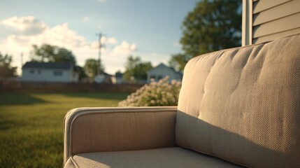Neutral outdoor sofa cushion corner, sunlit on a grassy backyard. Blurred houses and trees in distance under a bright, partly cloudy sky