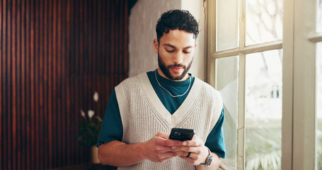 Phone, networking and businessman in office with communication, email or contact on mobile app. Technology, connectivity and male creative director with cellphone for social media or online research.