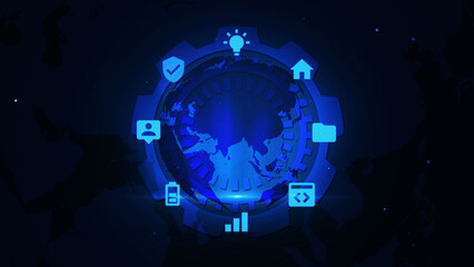 Wall Mural - Futuristic Digital Network Interface with Global Communication Icons