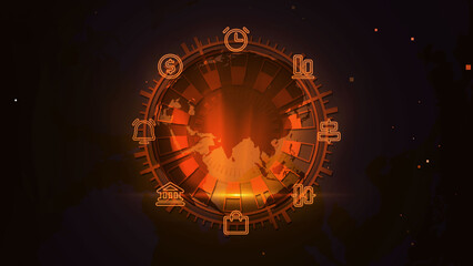 Wall Mural - Futuristic Global Business Clock with Orange Digital Icon Imagery