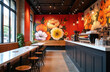 Bright cafe interior features vibrant floral mural on red wall. Modern counter with espresso machine, ample seating with benches, stools. Large windows provide natural light. Eatery design offers