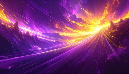 A vibrant, otherworldly landscape unfolds, showcasing a breathtaking array of deep purples and fiery oranges, with streaks of light illuminating a majestic mountain range.