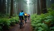 © Vadym - Group of mountain bikers ride on dirt path through rich, green forest with tall trees, ferns. Cyclists wear helmets, gear, enjoying outdoor adventure on scenic trail. Scene emphasizes healthy