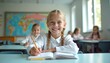 © Vadym - Smiling schoolgirl with blonde braids writes in notebook. Modern classroom setting with large windows, inspiring map on wall. Natural light enhances focus on student learning, educational curiosity.