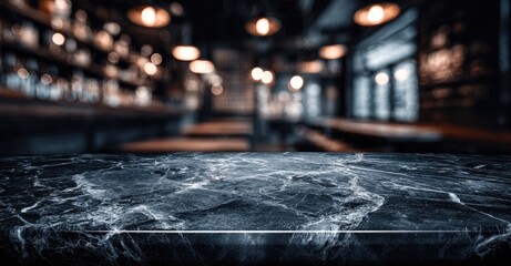 Dark blue marble surface against a blurred bokeh background of warm lights and bar interior