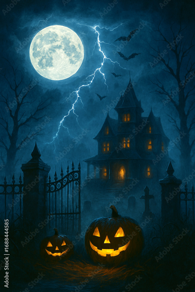 Spooky haunted house with jack o lanterns under a full moon and ...