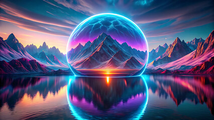 Wall Mural - Futuristic glowing sphere reflecting neon mountain surreal sci fi fantasy design glowing with cosmic magical beauty