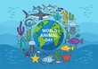 © Shafat - Photo of world animal day celebration with earth globe surrounded by marine life, including shark, seahorse, jellyfish, starfish, and various fish species