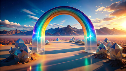 Wall Mural - Glowing rainbow archway floating above crystal desert surreal fantasy structure glowing with magical whimsical aura