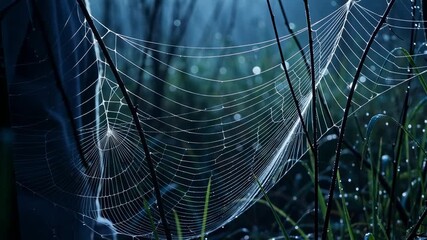 Video of Dew-Kissed Web: A macro shot captures the delicate beauty of a spider's web, glistening with droplets of morning dew against a soft, blurry, natural backdrop. - 4K