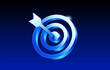 © Van - 3D blue target with arrow hitting the bullseye, symbolizing success, precision, accuracy, and achievement on a dark gradient background. 3d bullseye target with dart icon in vector illustration