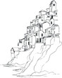 © Senuko - Black and white line drawing of a coastal village with houses stacked on a cliff overlooking the sea.
