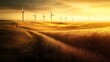 © Malik Atif - A sun-drenched landscape featuring wind turbines across a summer meadow under a blue sky with golden clouds, capturing a green energy farm powered by nature at sunset