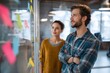 © ant - Two co founders brainstorming ideas in a coworking space, sticky notes on glass wall.