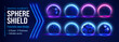 © RDVector - Shield sphere protect dome with 3d energy force field bg blue glass. Globe effect vector barrier abstract background or space bubble. Technology safety hexagon element ball grid power defense glow.