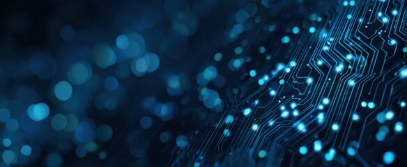 Deep blue circuit board with glowing points and bokeh