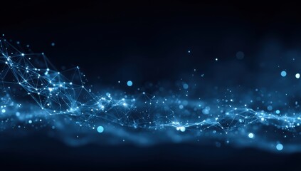 Abstract network graphic, flowing blue lines and particles on a dark background
