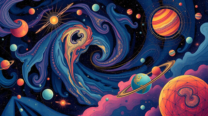 Intricate Cosmic Illustration with Swirling Galaxies, Vibrant Planets, and Abstract Shapes
