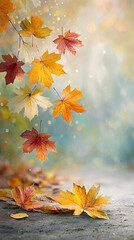 Wall Mural - A vibrant autumn background with rich warm shades of red, orange and gold, executed in a modern style with an emphasis on macro photography and detail. Leaves and natural textures are emphasized by so