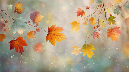 Wall Mural - A vibrant autumn background with rich warm shades of red, orange and gold, executed in a modern style with an emphasis on macro photography and detail. Leaves and natural textures are emphasized by so