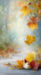 Wall Mural - A vibrant autumn background with rich warm shades of red, orange and gold, executed in a modern style with an emphasis on macro photography and detail. Leaves and natural textures are emphasized by so