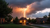 Electrical storm over residential homes during an intense sunset creating a dramatic nightscape