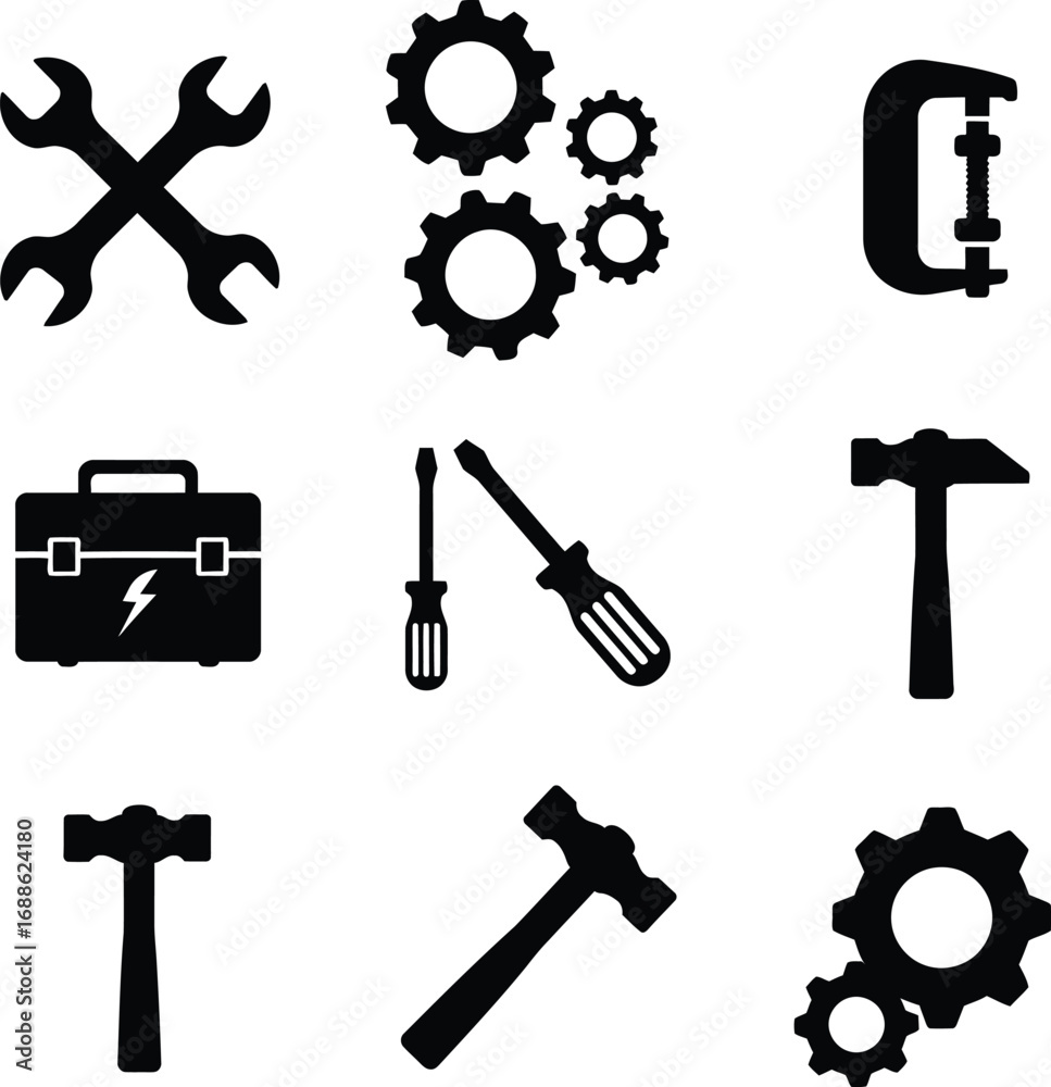 Mechanical engineering tools and hardware icons. Wrench, gears, toolbox ...