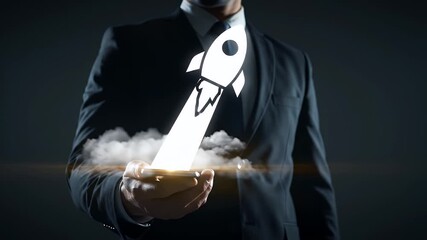 Businessman Holding Smartphone with Glowing Rocket Launching