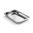 © Gamenin - A rectangular, shallow stainless steel pan with slightly raised edges, gleaming and reflecting light on a white background