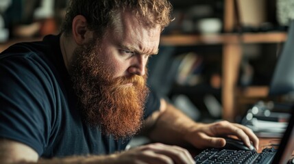 Focused coder with a magnificent beard intensely working on his computer