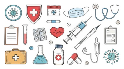 mmedical doodle icons, outline clipart of health care items. white background.