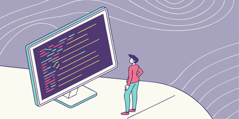 Focused programmer analyzing complex code on a large monitor, symbolizing innovation and digital creation.